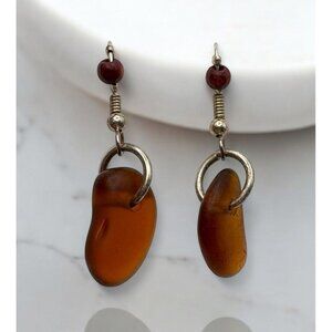 Amber Colored Dangle Earrings Silver Tone Beaded Accents Nature Boho